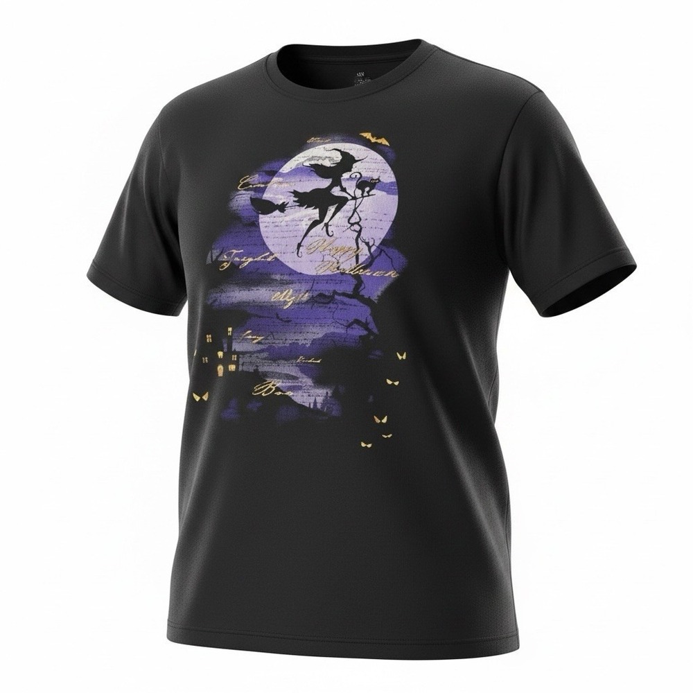 Graphic Halloween T-Shirt Women's Size 3X Black With Purple Witch & Cat Design